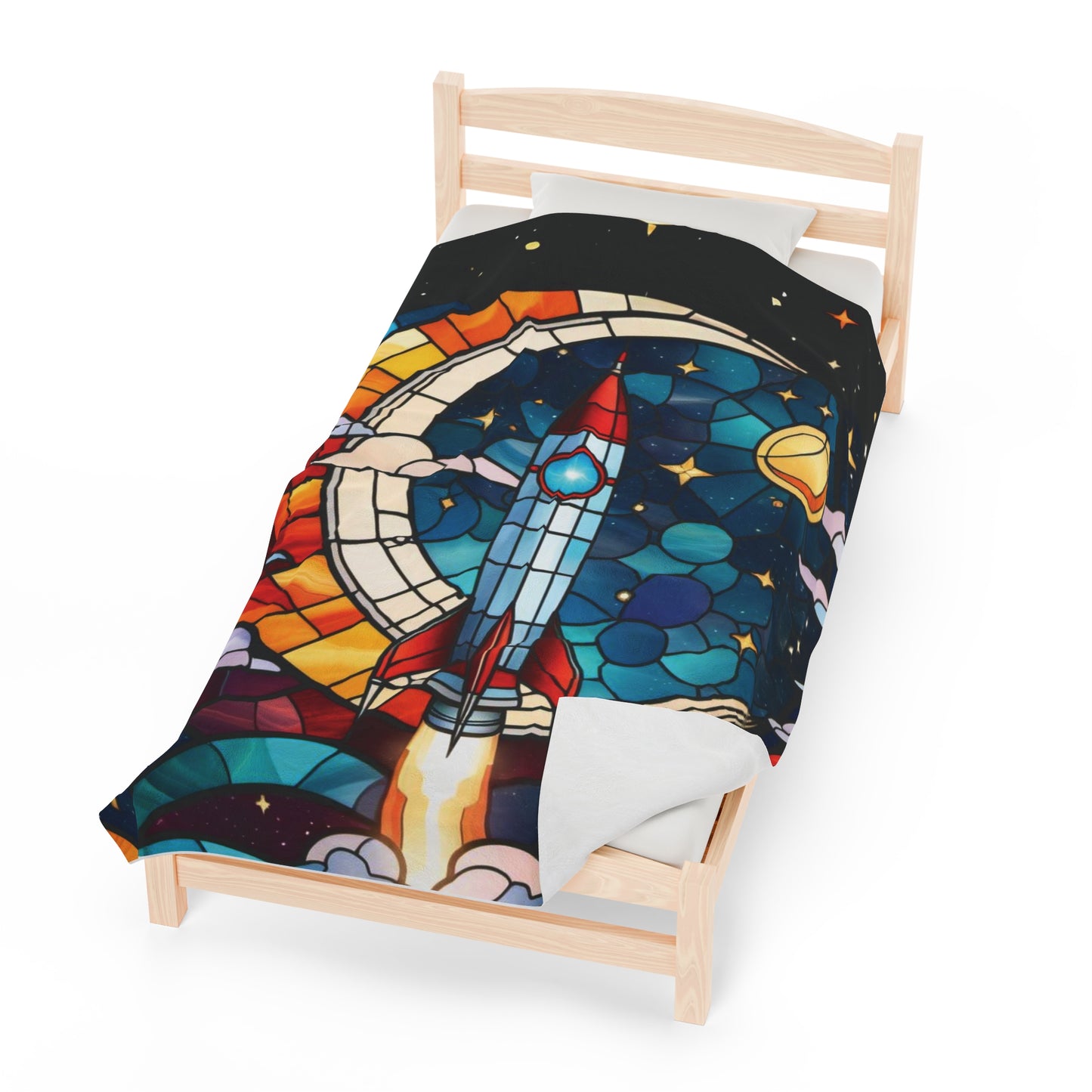 Out of This World Velveteen Plush Blanket - Stained Glass Rocket scene