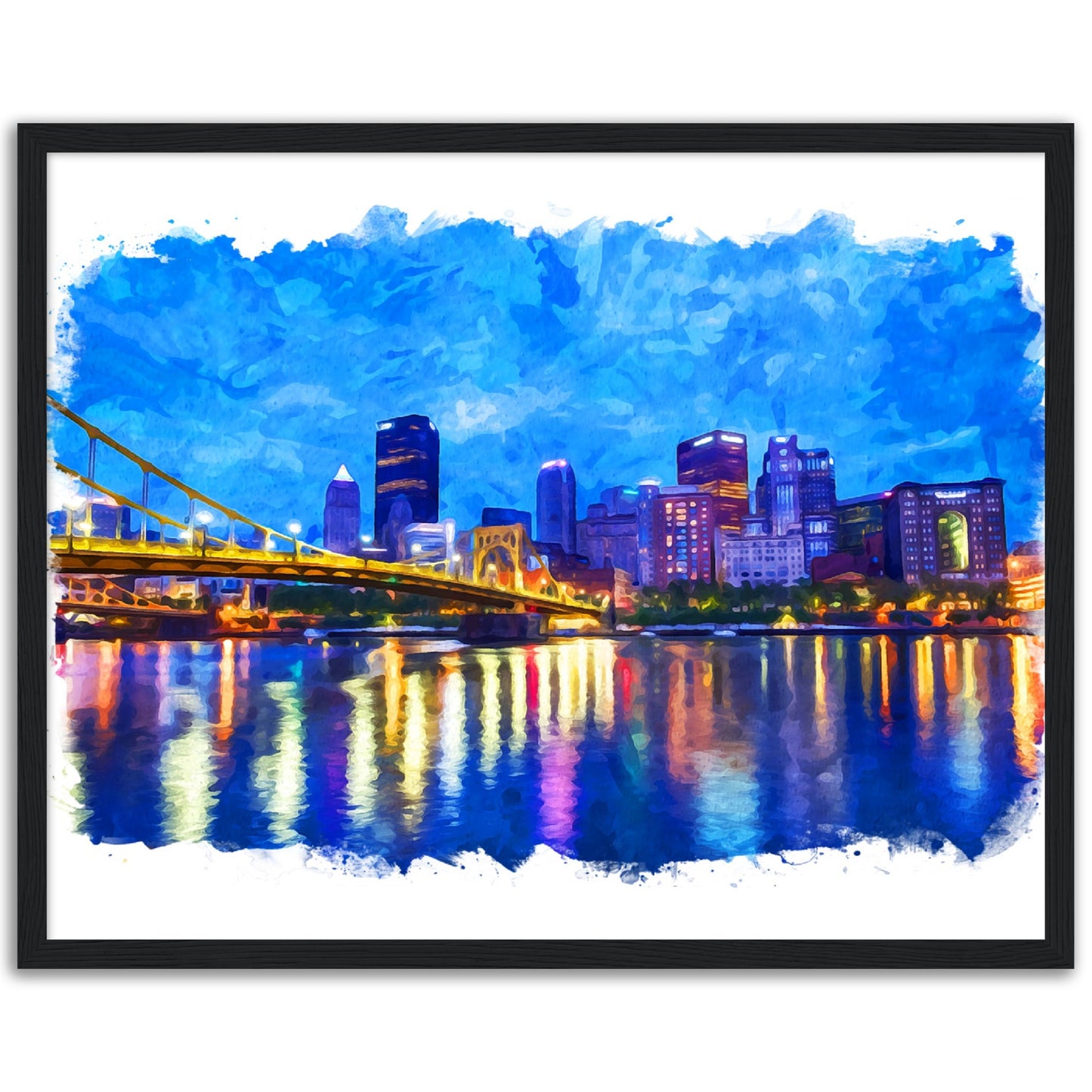 Pittsburgh Night Cityscape Watercolor - Classic Matte Paper Wooden Framed Poster