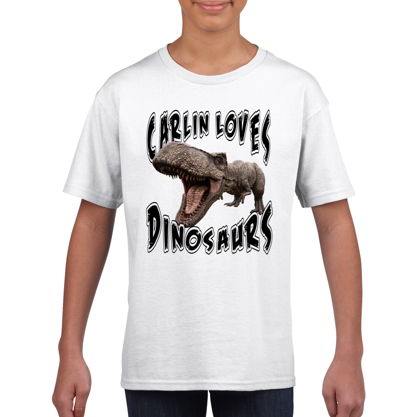 Custom Carlin Loves Dinosaurs - Classic Kids Crewneck T-shirt