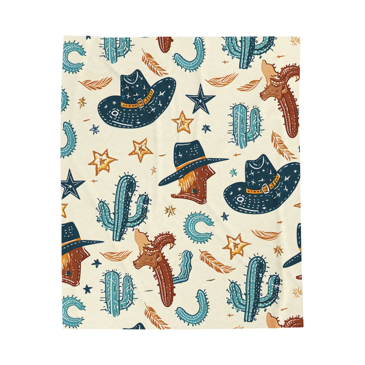 Western Hats and Cacti Pattern - Velveteen Plush Blanket