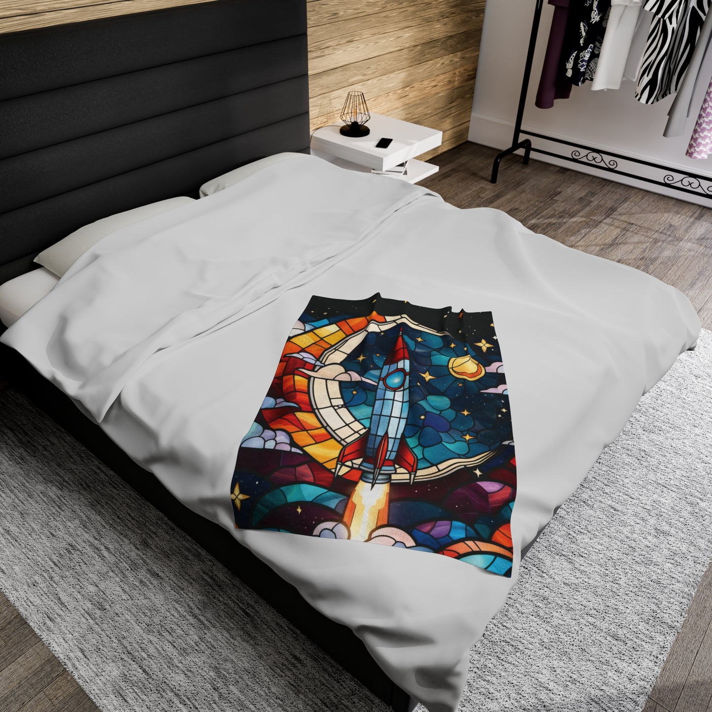 Out of This World Velveteen Plush Blanket - Stained Glass Rocket scene