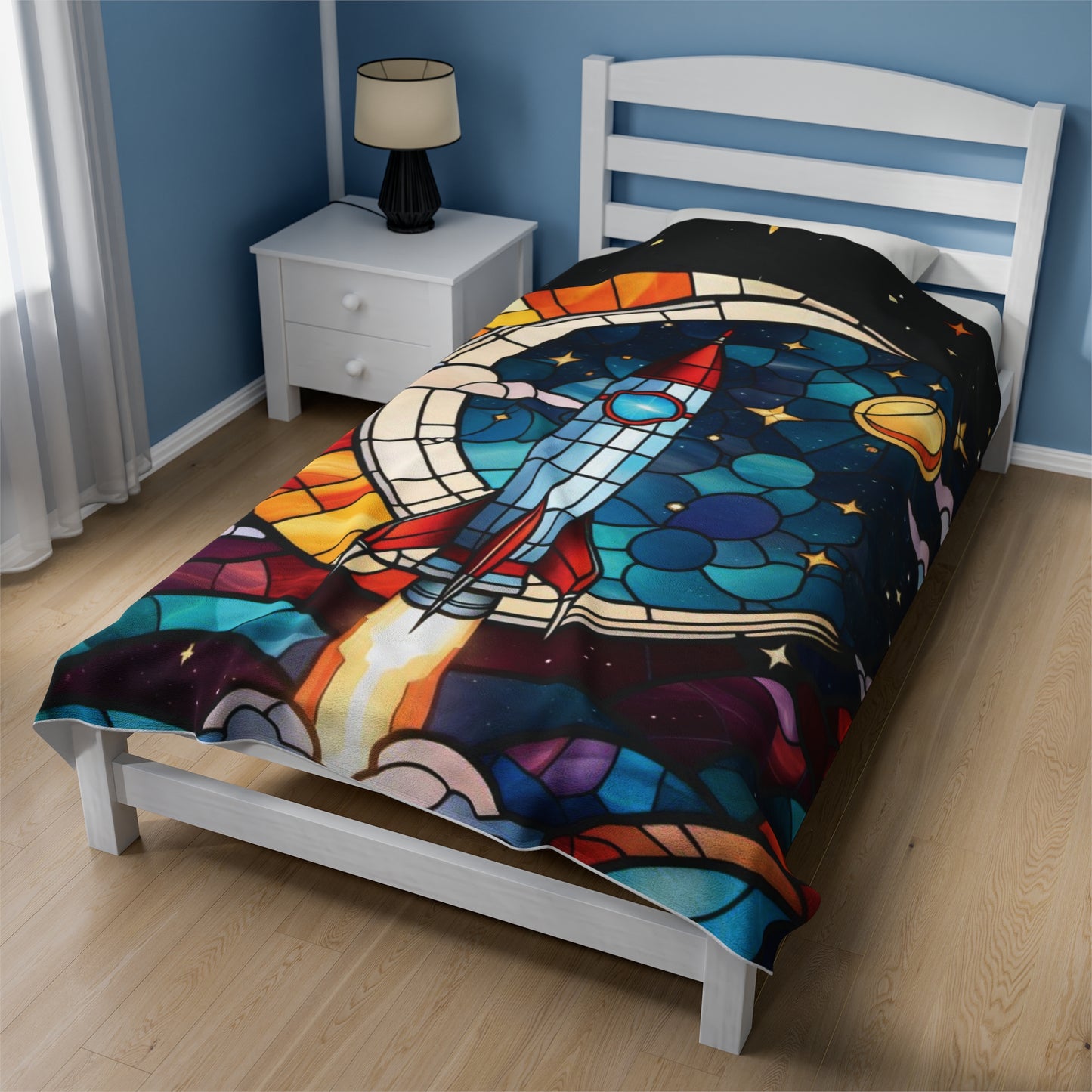 Out of This World Velveteen Plush Blanket - Stained Glass Rocket scene