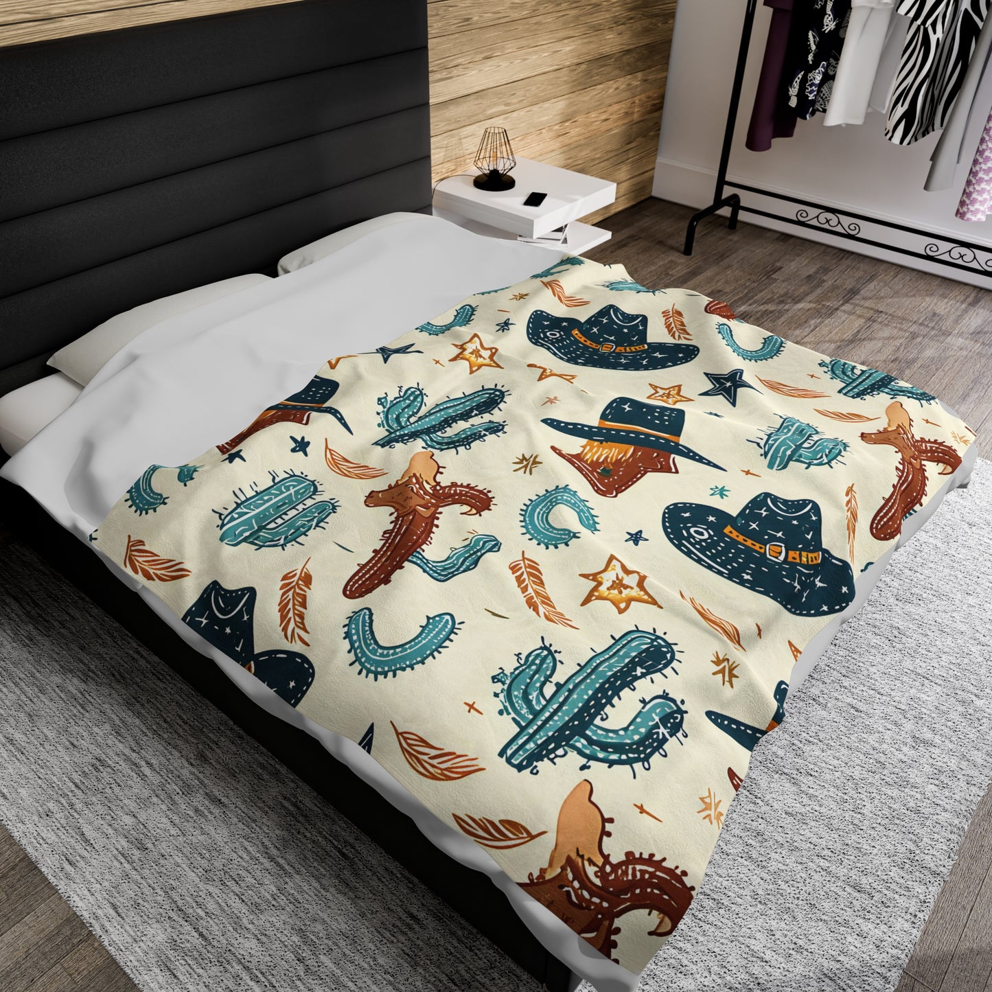 Western Hats and Cacti Pattern - Velveteen Plush Blanket