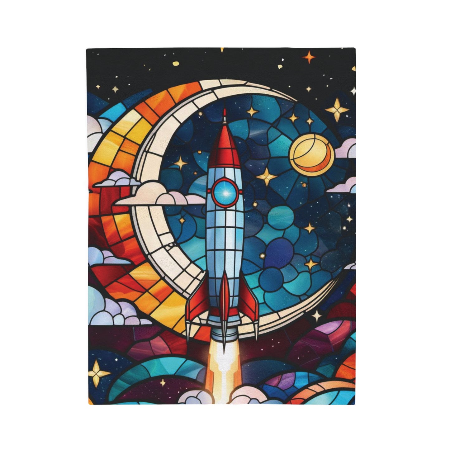 Out of This World Velveteen Plush Blanket - Stained Glass Rocket scene