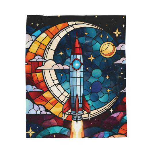 Out of This World Velveteen Plush Blanket - Stained Glass Rocket scene