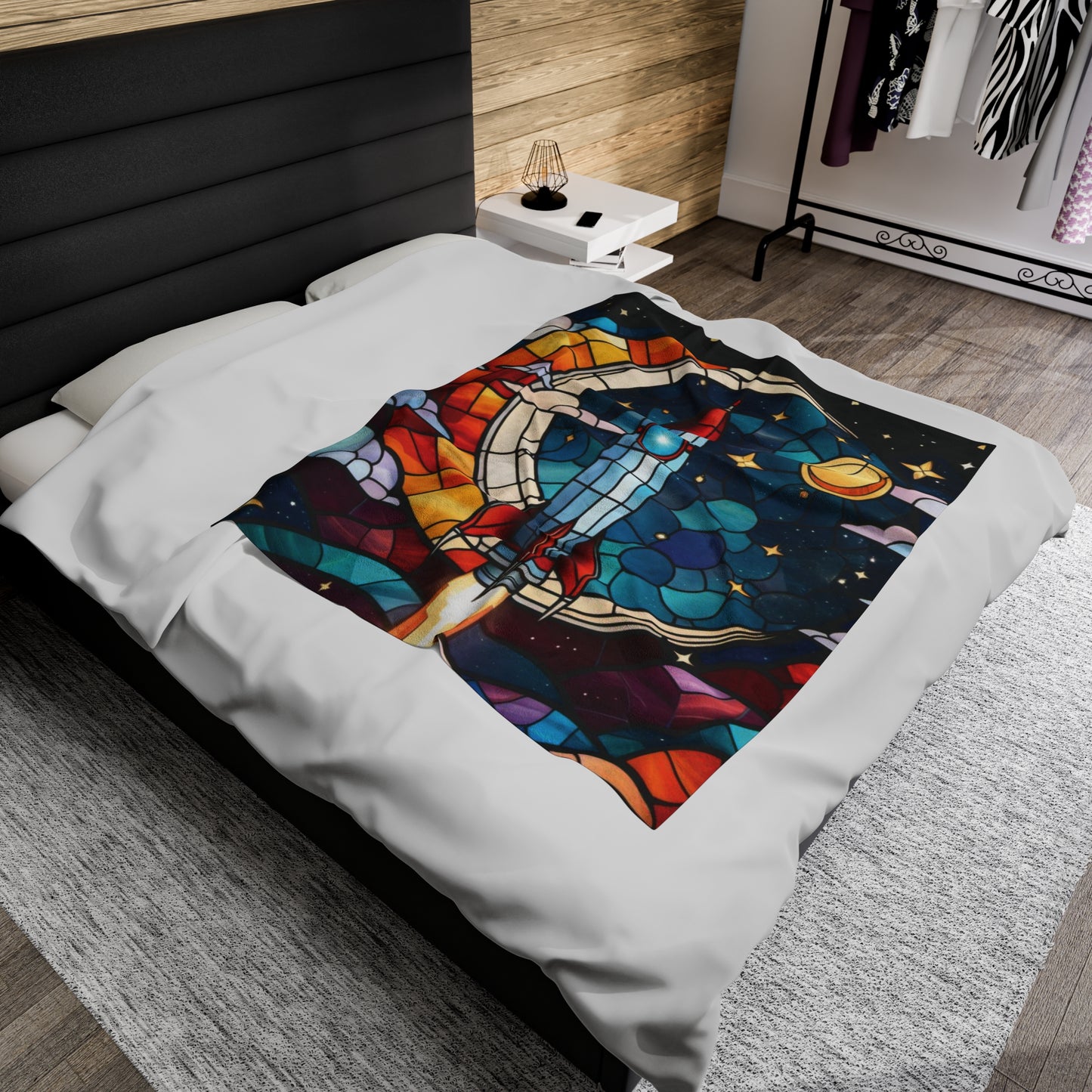 Out of This World Velveteen Plush Blanket - Stained Glass Rocket scene