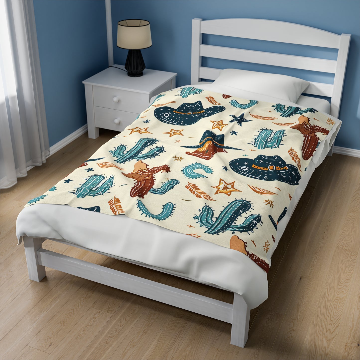 Western Hats and Cacti Pattern - Velveteen Plush Blanket