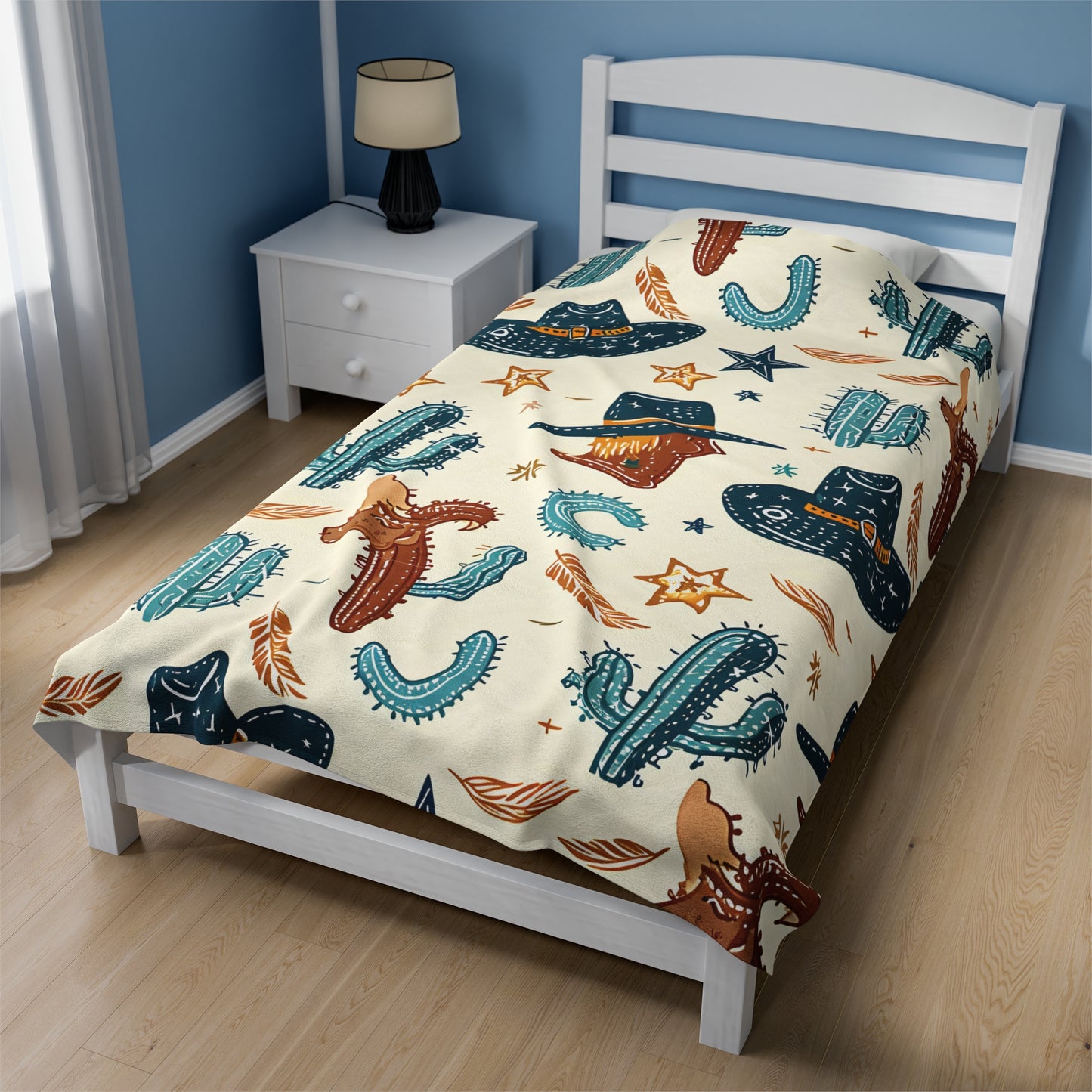 Western Hats and Cacti Pattern - Velveteen Plush Blanket