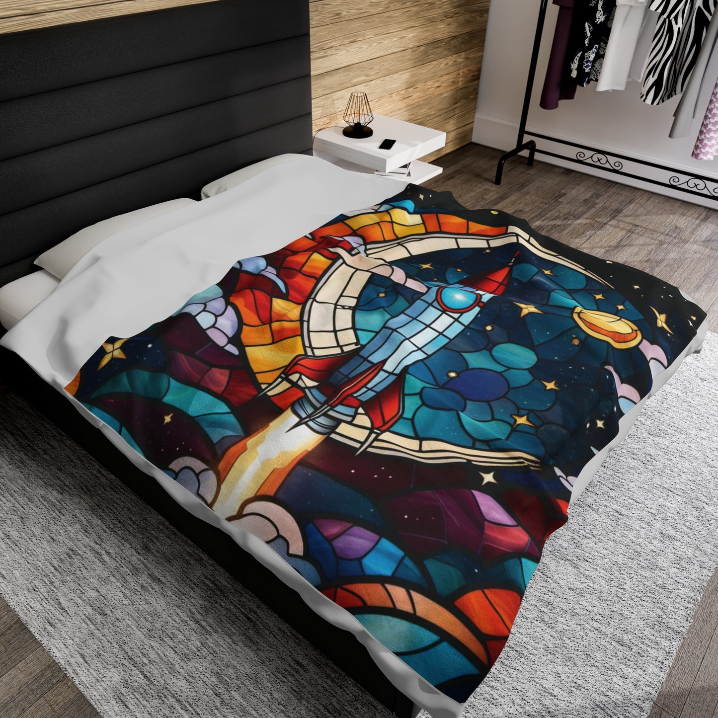 Out of This World Velveteen Plush Blanket - Stained Glass Rocket scene