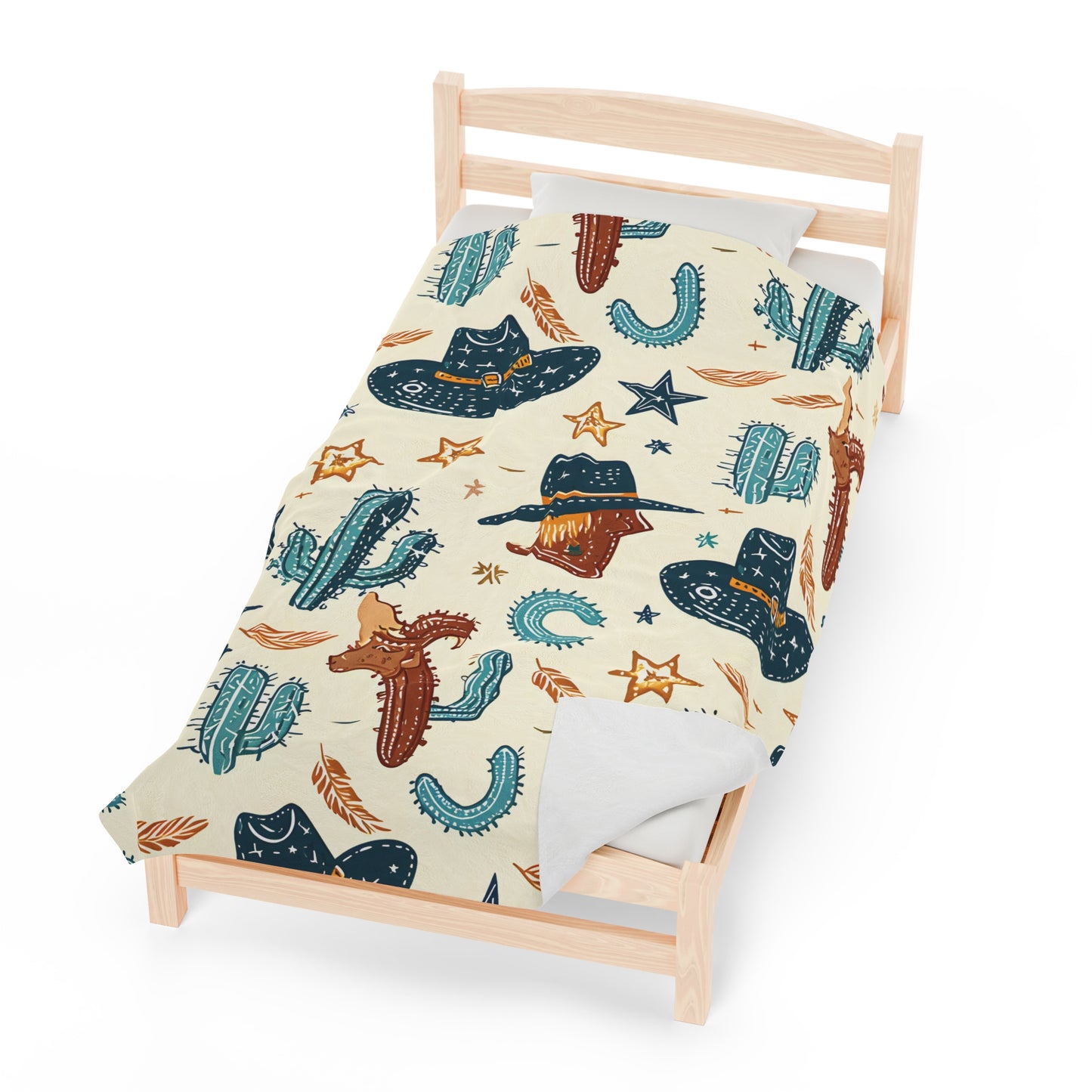 Western Hats and Cacti Pattern - Velveteen Plush Blanket
