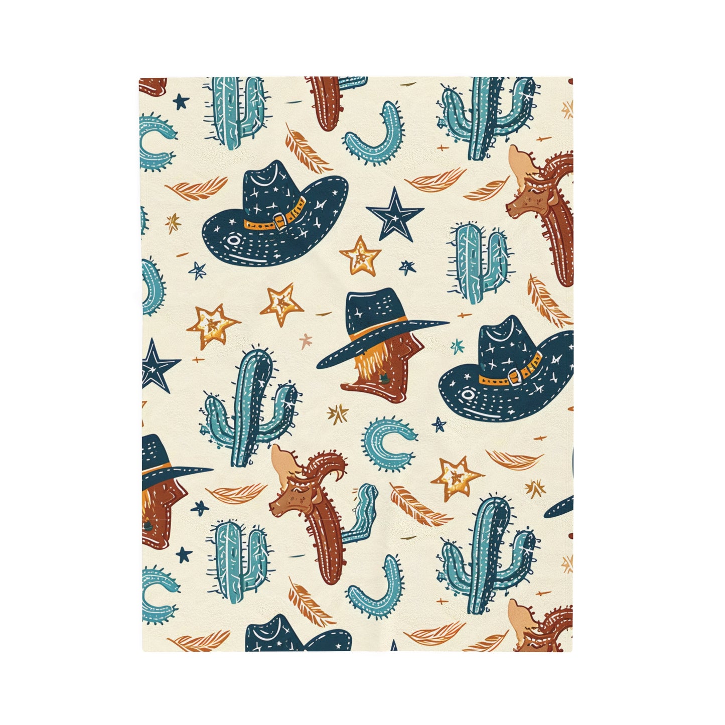 Western Hats and Cacti Pattern - Velveteen Plush Blanket