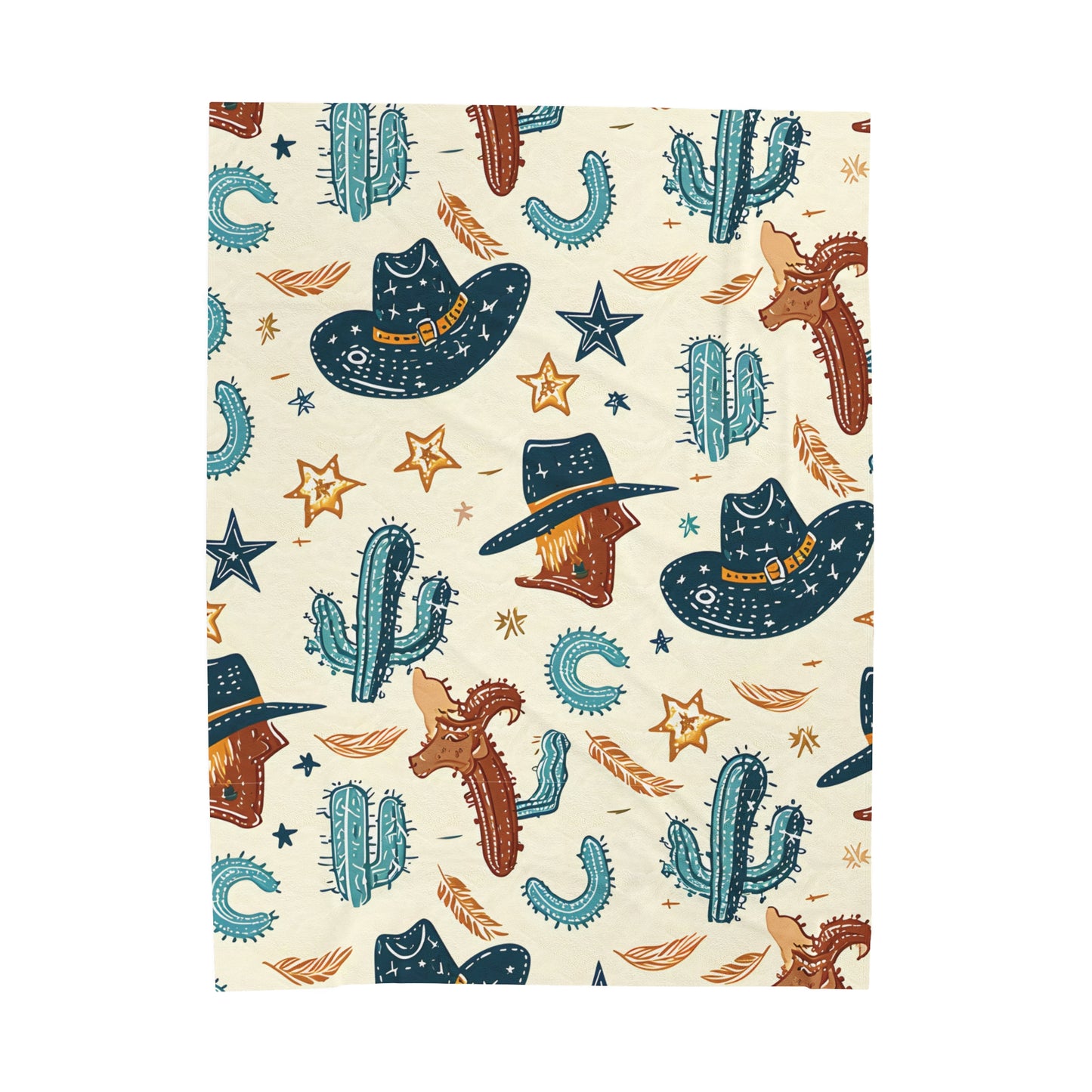 Western Hats and Cacti Pattern - Velveteen Plush Blanket