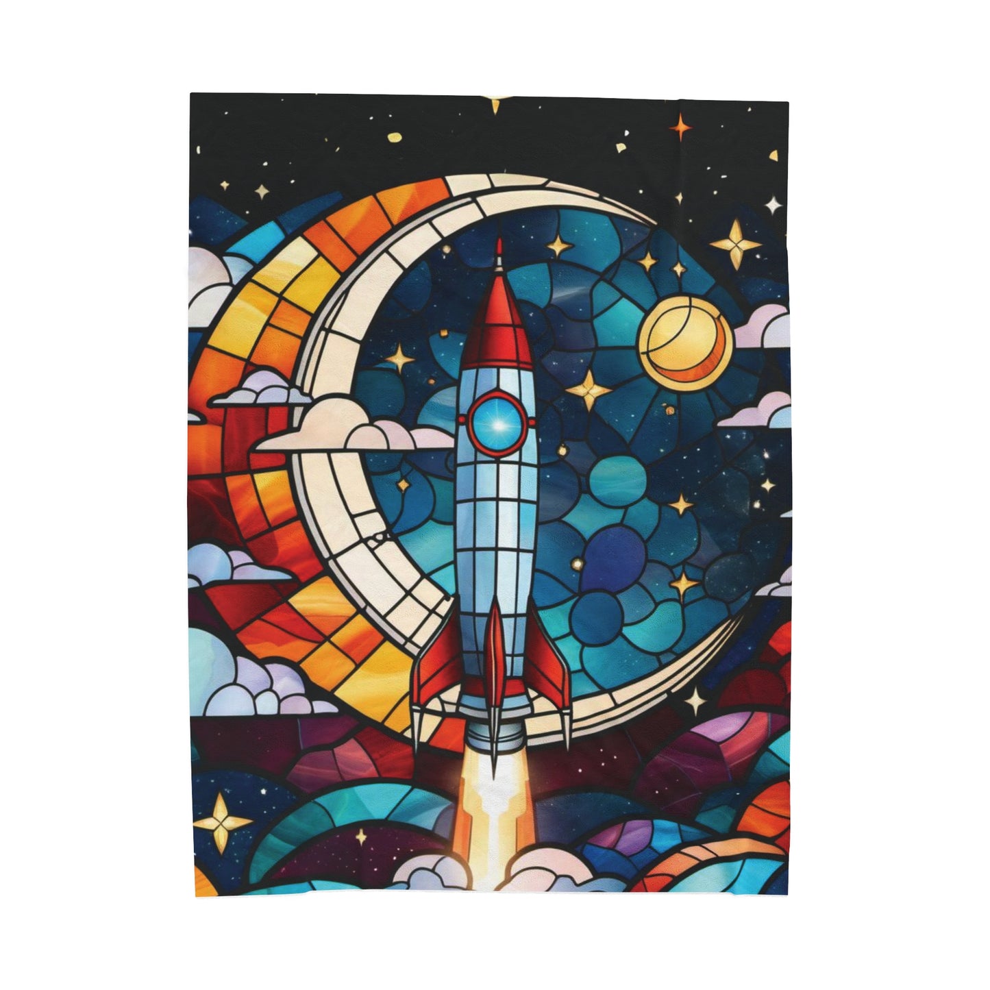 Out of This World Velveteen Plush Blanket - Stained Glass Rocket scene