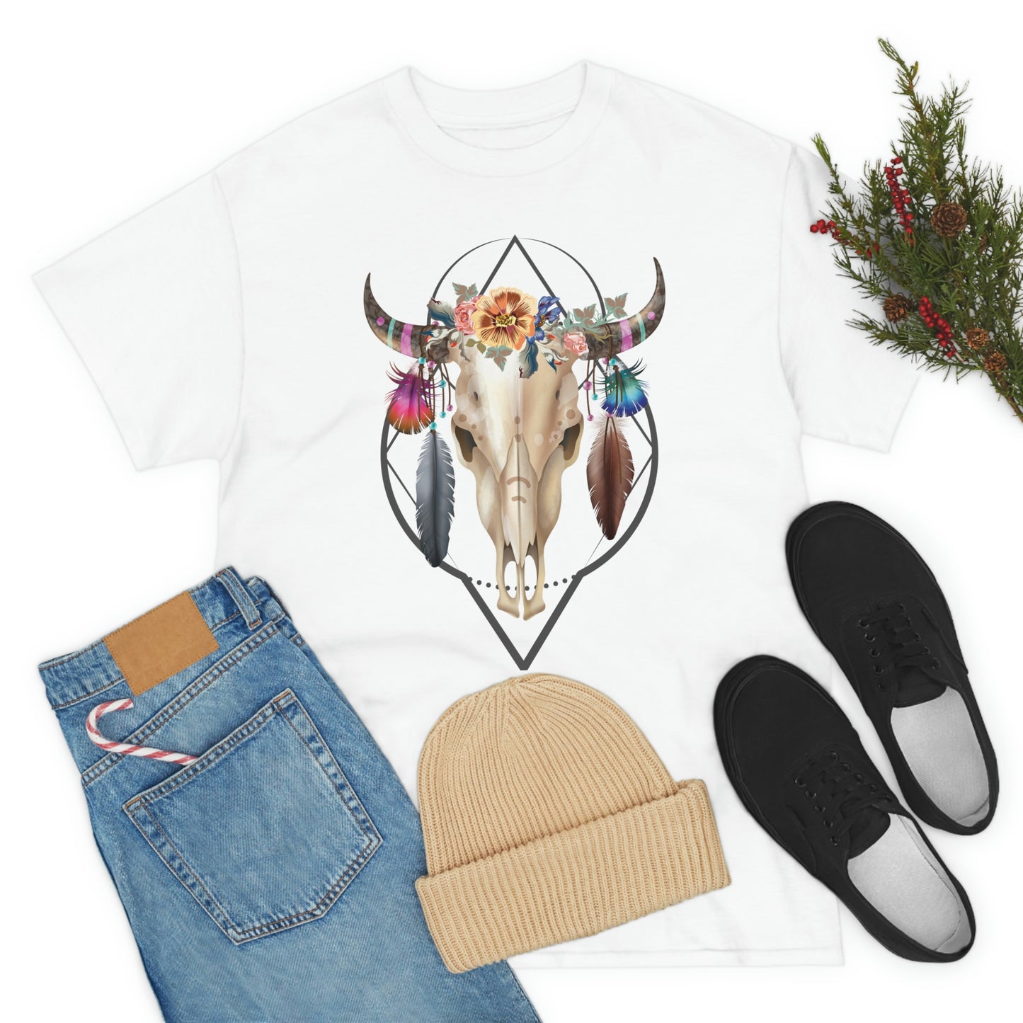 BOHO Styled Bull Skull with flowers and feathers - Unisex Heavy Cotton T-shirt
