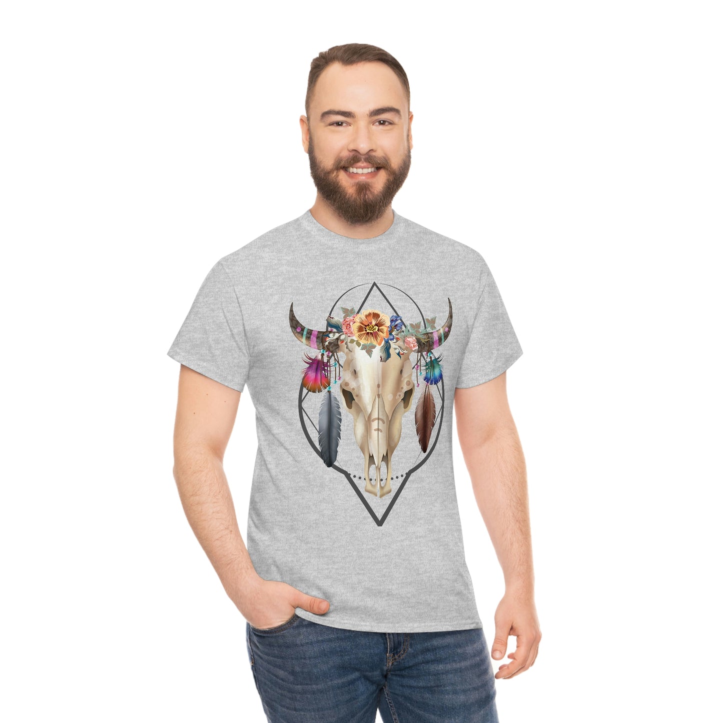 BOHO Styled Bull Skull with flowers and feathers - Unisex Heavy Cotton T-shirt