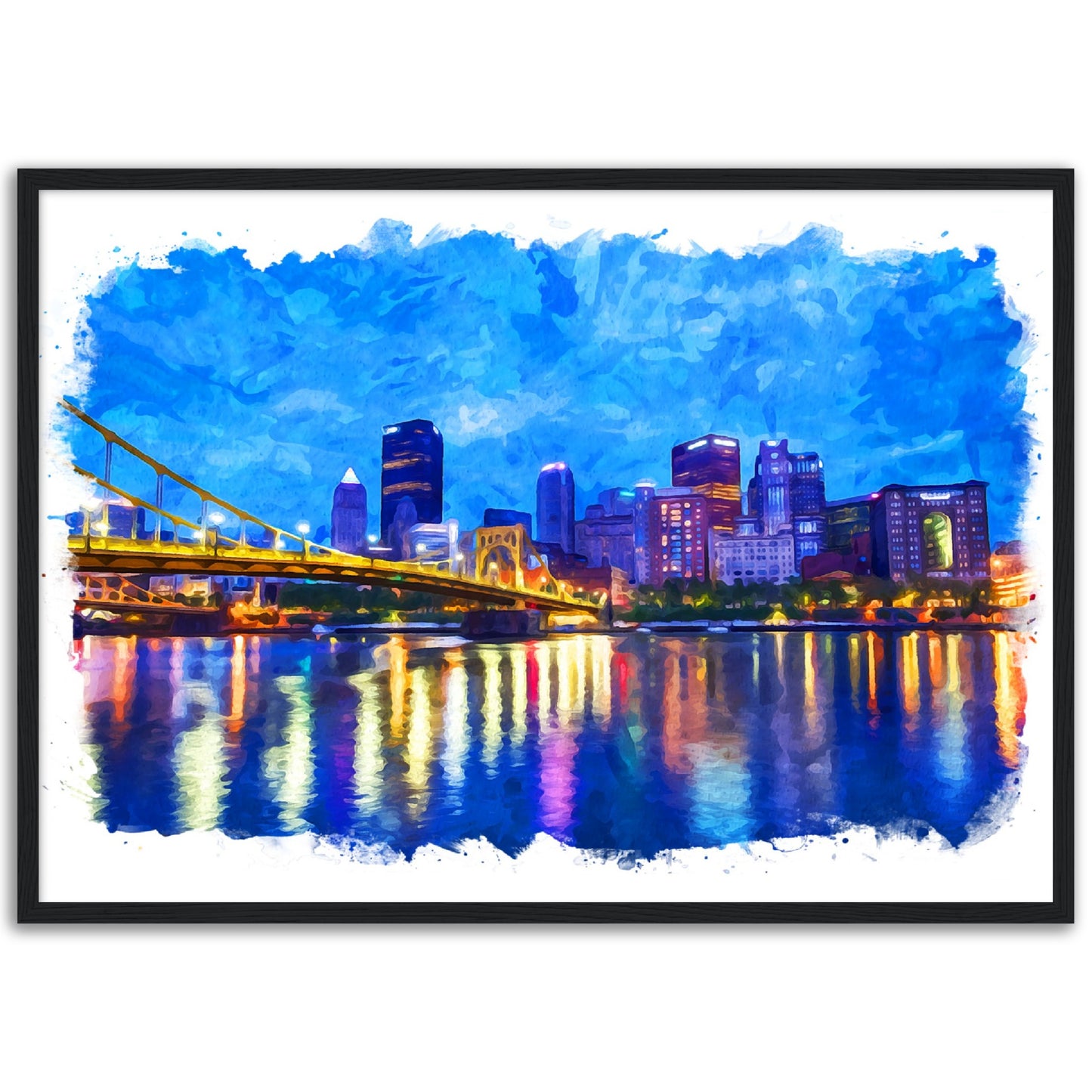 Pittsburgh Night Cityscape Watercolor - Classic Matte Paper Wooden Framed Poster