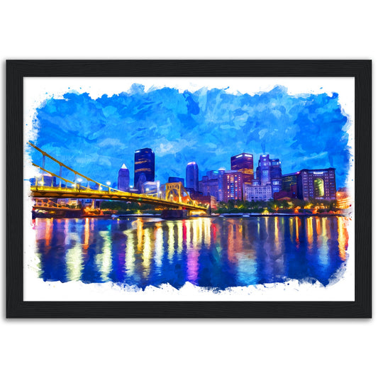 Pittsburgh Night Cityscape Watercolor - Classic Matte Paper Wooden Framed Poster