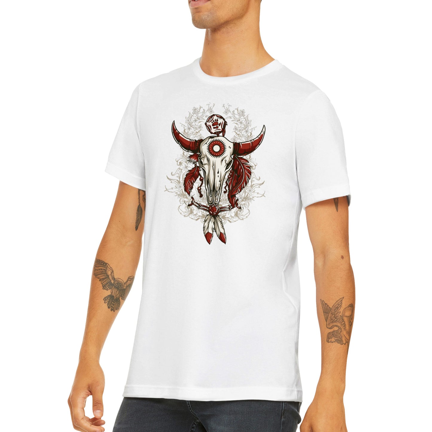 Boho Bull Skull with Feathers - Classic Unisex Crewneck T-shirt