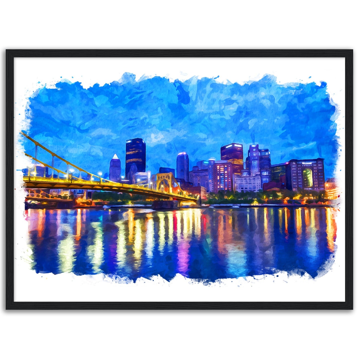 Pittsburgh Night Cityscape Watercolor - Classic Matte Paper Wooden Framed Poster