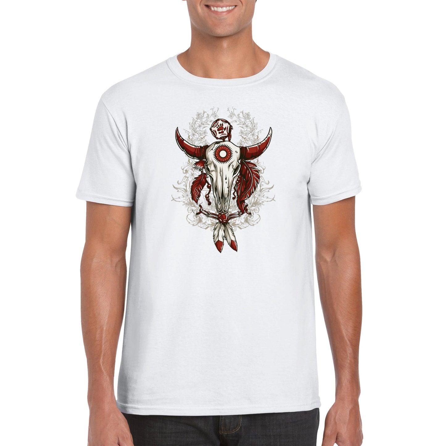 Boho Bull Skull with Feathers - Classic Unisex Crewneck T-shirt